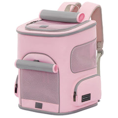 PETSFIT pet carrier backpack front view in pink highlighting ergonomic waist support.