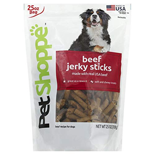 PetShoppe Beef Jerky Sticks pack shot highlights real beef flavor for rewards.