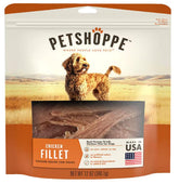 PetShoppe Premium Chicken Fillet treats bag open showing USA-sourced protein.