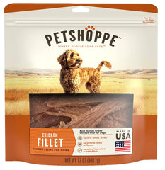 PetShoppe Premium Chicken Fillet treats bag open showing USA-sourced protein.