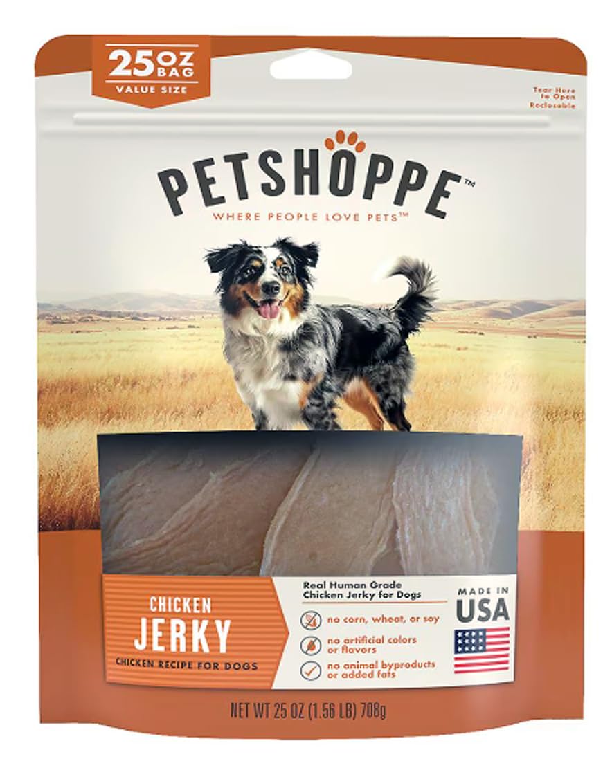 PetShoppe Premium Chicken Jerky bag front shows USA-sourced treat for dogs.
