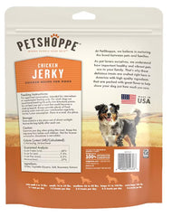 PetShoppe Premium Chicken Jerky strips close-up highlights lean, protein-packed texture.