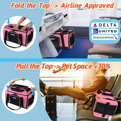 Petskd soft-sided carrier with mesh ventilation pink, ensures airflow and pet visibility during flights.