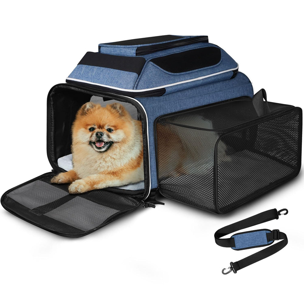 Petskd top-and-side expandable pet carrier blue under-seat view for comfortable cabin travel