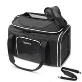 Petskd top expandable carrier demonstrates compact under-seat dimensions for easy cabin travel.