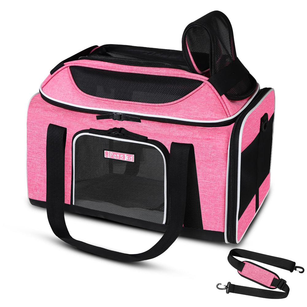 Petskd top-expandable pet carrier under-seat pink, ideal for airline travel with small pets.