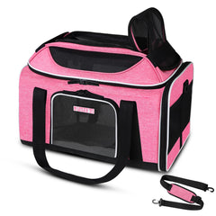 Petskd top-expandable pet carrier under-seat pink, ideal for airline travel with small pets.