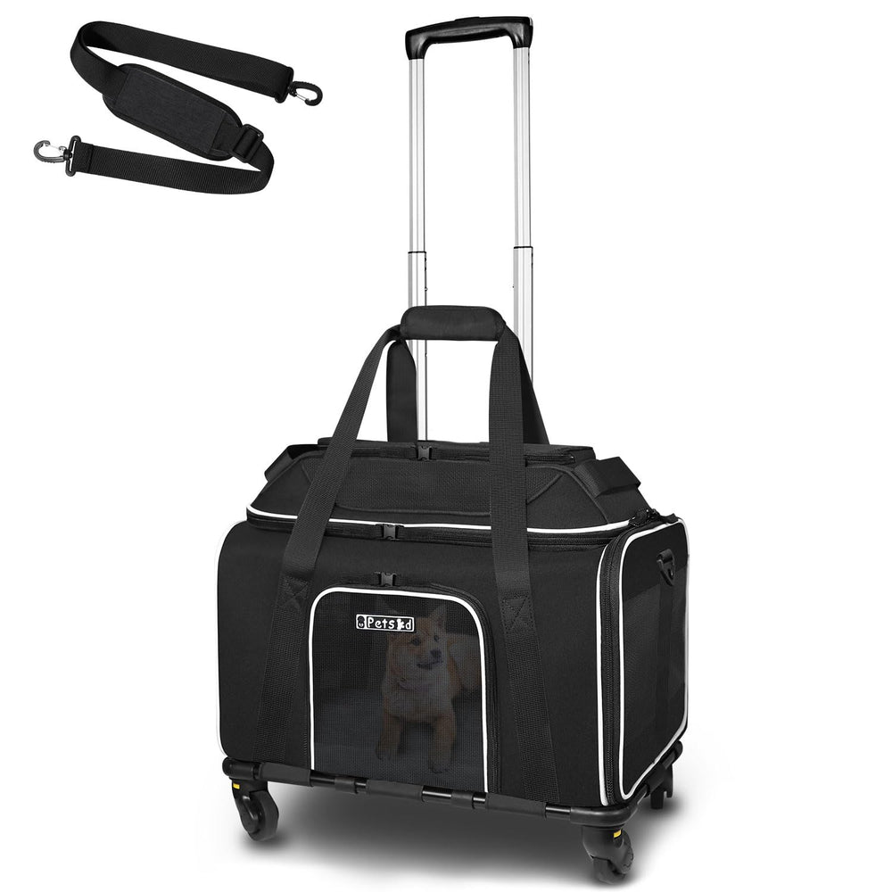 Petskd top-expandable pet carrier with wheels under-seat compatibility for small pets.
