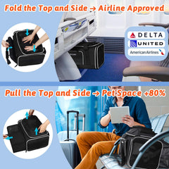 Petskd under-seat image shows airline-approved size for Delta/United/AA with small pets.