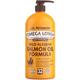 Petsmont Omega Love+ salmon oil bottle with pump for dogs and cats supporting coat health.