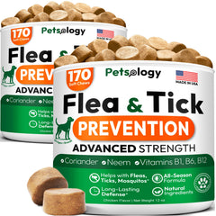 Petsology dog flea tick chews bottle for easy protection.