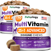 Petsology dog multivitamin chew bottle label highlights comprehensive joint, immune, and heart health benefits.