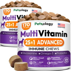 Petsology dog multivitamin chew bottle label highlights comprehensive joint, immune, and heart health benefits.