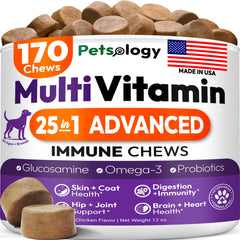 Petsology dog multivitamin chewables bottle highlights 170 chews for joint, skin, and digestion support.