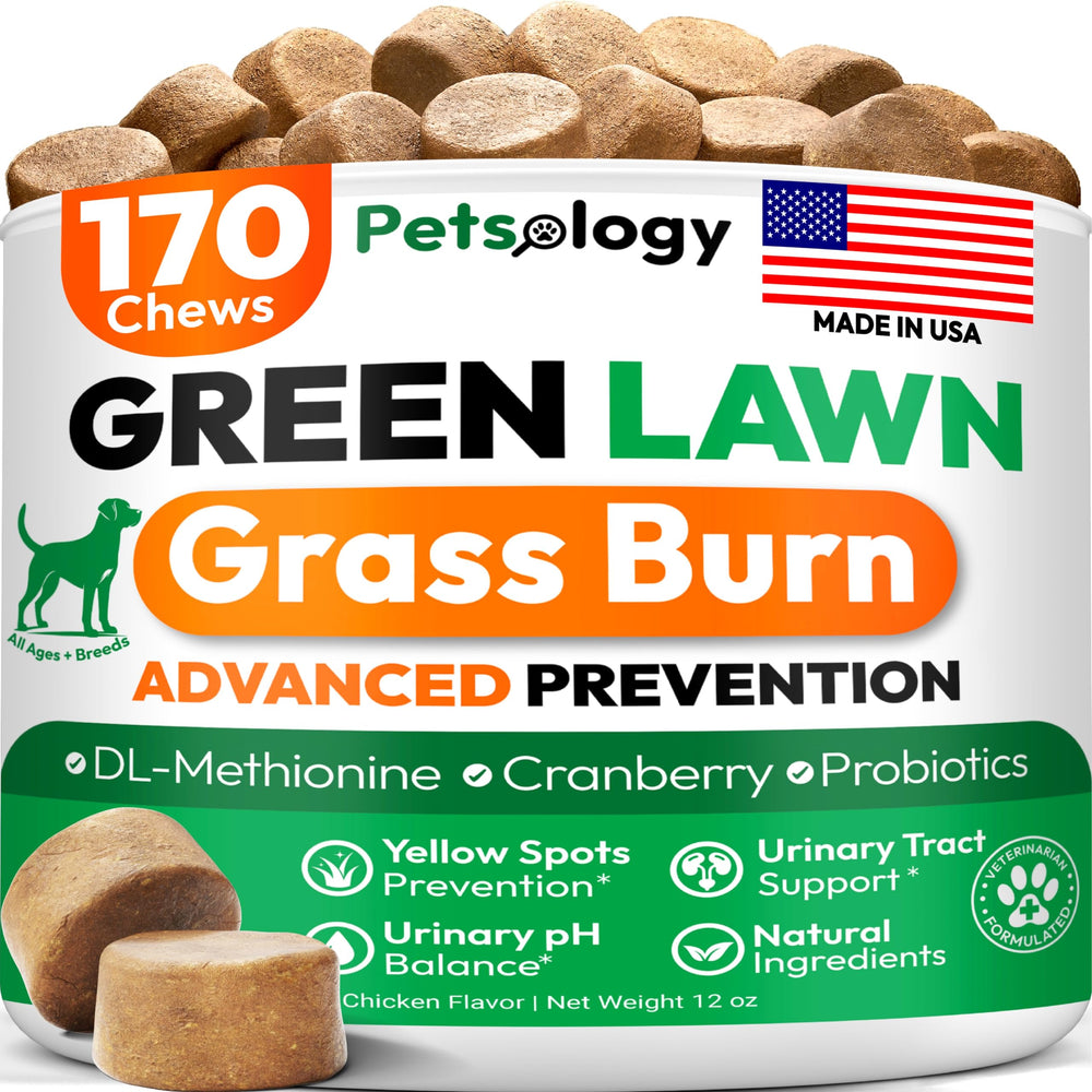 Petsology Dog Urine Neutralizer bottle protects lawn from yellow spots.