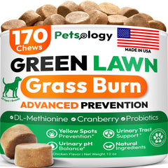 Petsology Dog Urine Neutralizer bottle protects lawn from yellow spots.
