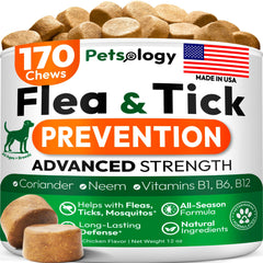 Petsology flea and tick chews bottle shows convenient daily protection for all dogs.