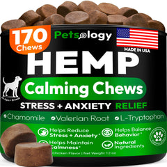 Petsology Hemp Calming Chews dog bottle highlights anxiety-relief treats for calmer moments.
