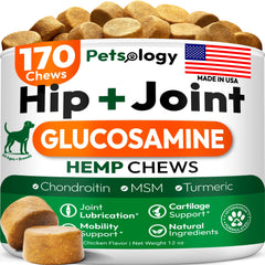 Petsology hemp hip and joint chews bottle closeup for joint support and mobility.