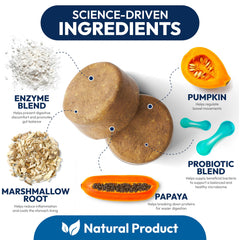 Petsology probióticos para perros, etiqueta frontal, ingredientes naturales.