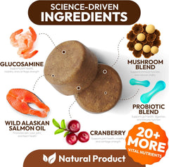 Petsology Turkey Tail dog chews label close-up emphasizes 7 mushrooms and glucosamine.