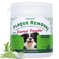 Petstoral natural dog dental powder tub for easy plaque control and fresh breath.