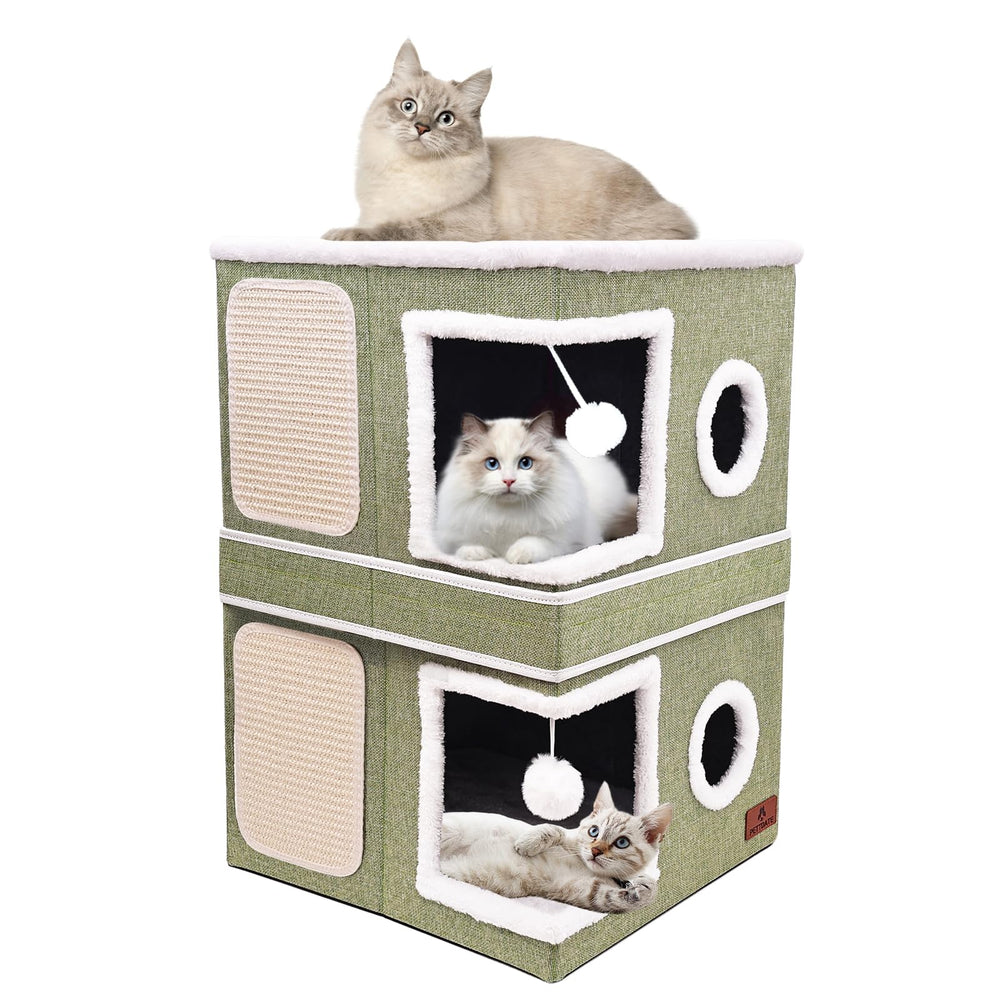 Pettdate 2-Story Cat House indoor layout offering cozy multi-cat lounging and play.