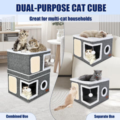 pettdate 2-story cat house round window with fluffy ball interactive play and enrichment