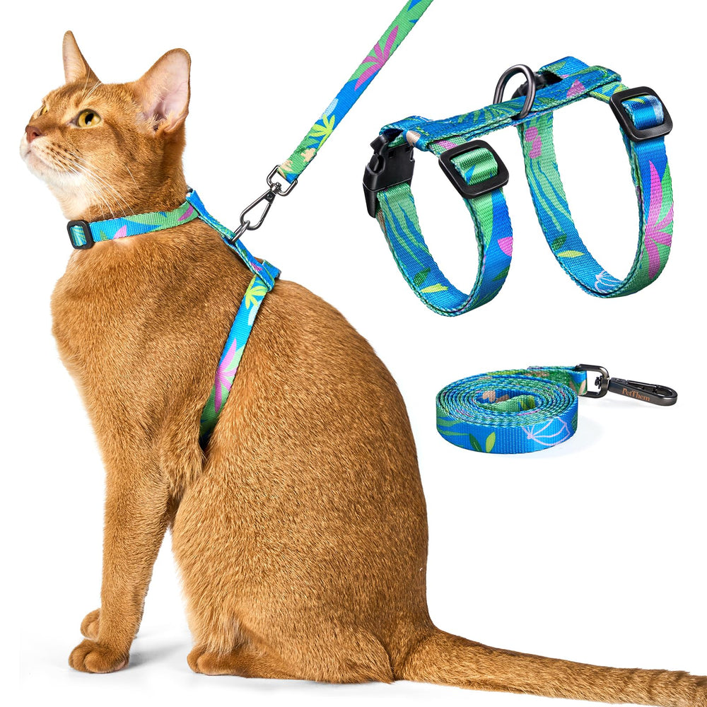 PetThem cat harness escape-proof design shown during outdoor walk for safety.
