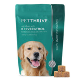 PetThrive dog hip and joint soft chews with bacon flavor on bottle label signaling tasty joint support.