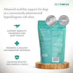 PetThrive dog hip and joint soft chews product packaging showcases premium ingredients and USA-made quality.