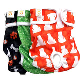 Petting Is Caring 3-pack dog diapers set in purple, green and orange for everyday wear.