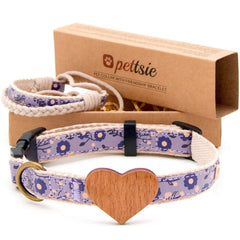 Pettsie dog heart collar with wooden heart detail promotes chic park style and universal fit.