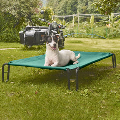 Pettycare elevated dog bed outdoor green side view demonstrates sturdy steel frame.
