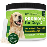 Pet Ultimates Probiotics for Dogs powder in a bowl, easy to mix into meals.