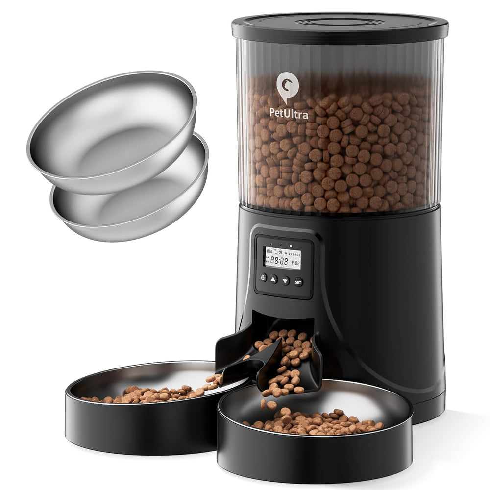 PETULTRA automatic cat feeder top view showing organized dual-cat meals