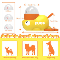 Petventure duck-toy tail-press action engages dogs during feeding and play.