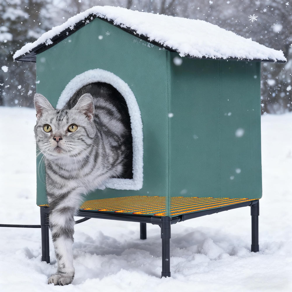 Petvolve heated cat house outdoor-green provides a dry, warm shelter for outdoor cats.