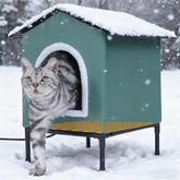 Petvolve heated cat house outdoor-green provides a dry, warm shelter for outdoor cats.