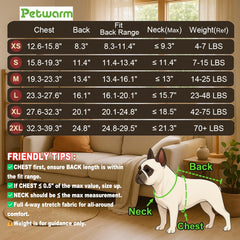 PetWarm dog pajamas, dinosaur print back view, keeps fur tidy during seasonal shedding