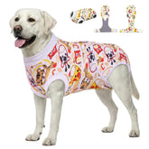 PetWarm dog recovery suit front view, Zoo pattern, supports comfort after surgery.