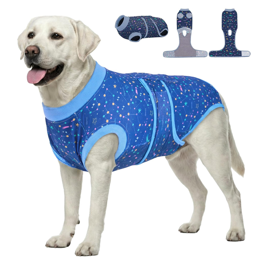 PetWarm dog surgery suit in blue galaxy pattern worn for comfortable recovery and protection.