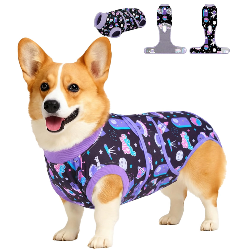 PetWarm dog surgical suit cosmic purple front view protects wounds and supports comfort