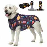 PetWarm cosmic-pattern dog surgical suit close-up showing soft, breathable fabric