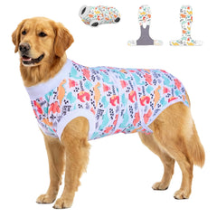 PetWarm dog surgical suit dinosaur pattern front view helps protect wounds during recovery.