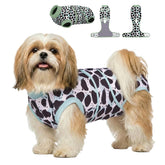 PetWarm leopard-pattern recovery suit in green XS, front view supports comfortable post-surgery movement.