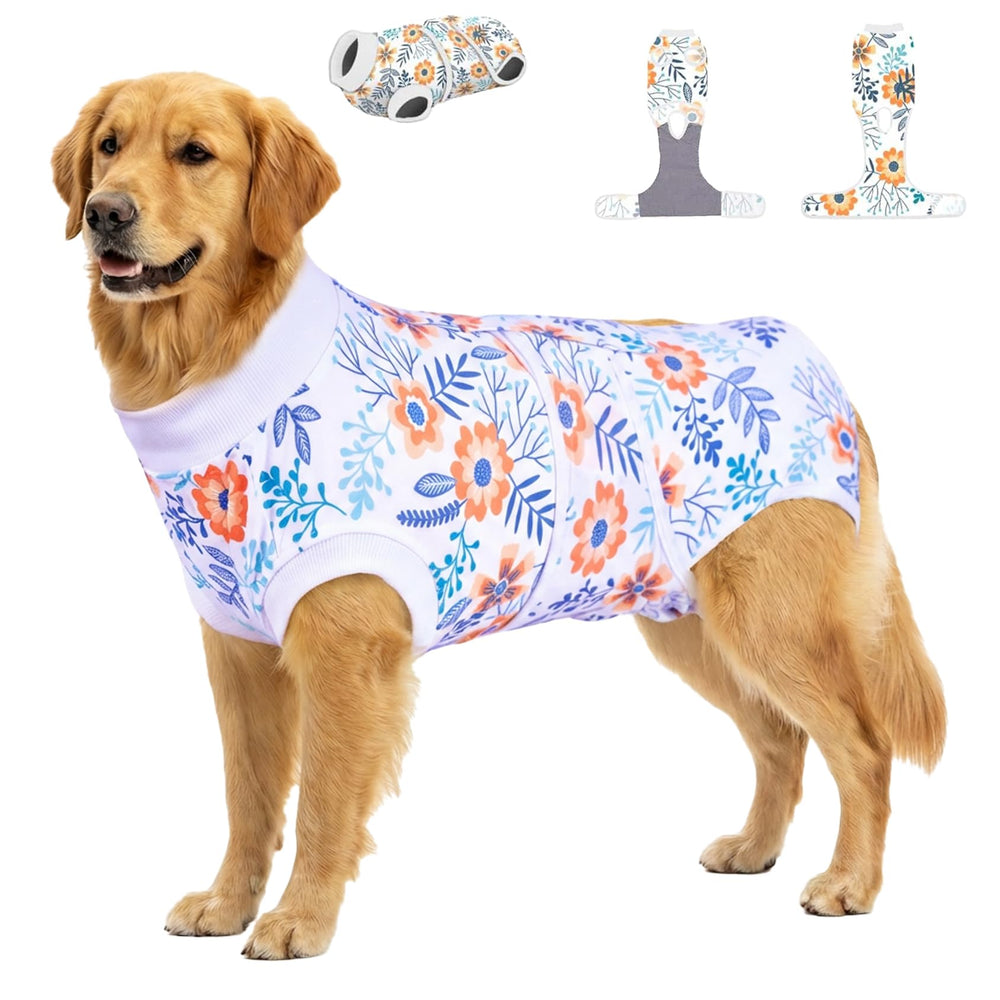 PetWarm post-surgery dog onesie front view with orange flower pattern for post-surgery comfort.