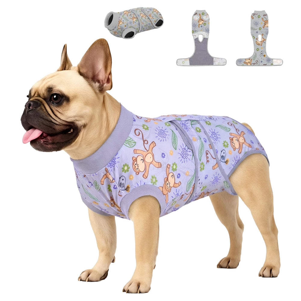 PetWarm recovery suit monkey pattern grey XS front view helps prevent licking during recovery
