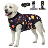 PetWarm surgery suit in black on a dog helps protect wounds post-surgery