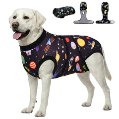 PetWarm surgery suit in black on a dog helps protect wounds post-surgery